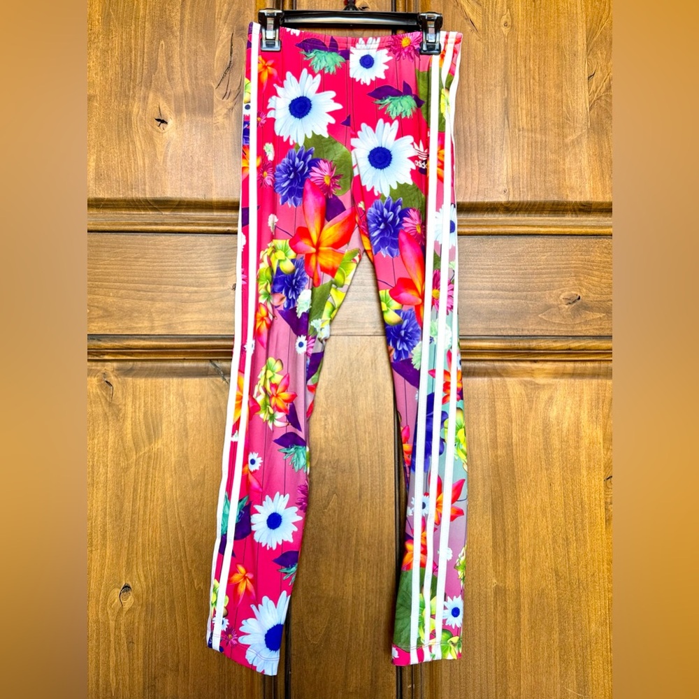 Adidas Girls Teens Pink Floral 3 Stripes Leggings 11-12 Youth (Size M).